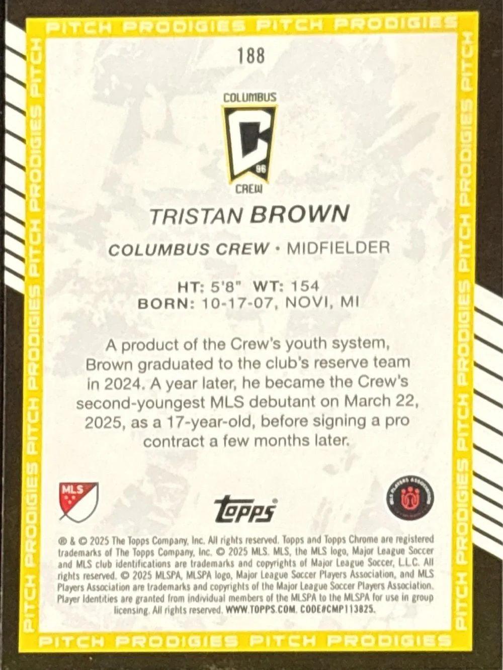 Topps Columbus Crew Tristan Brown Rookie Card
